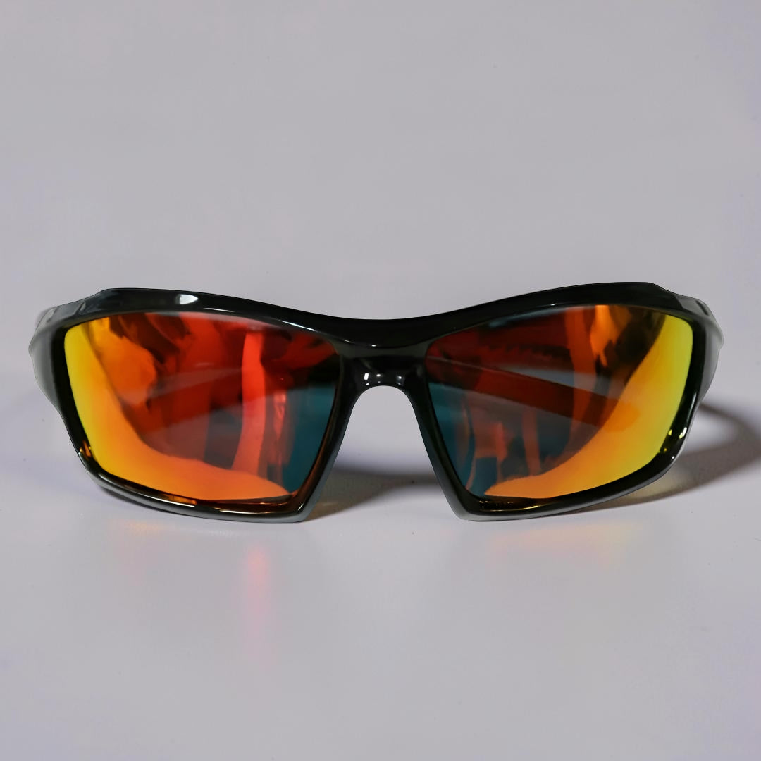 Front view of the black wraparound frame with orange and red mirrored lenses on a plain background 12