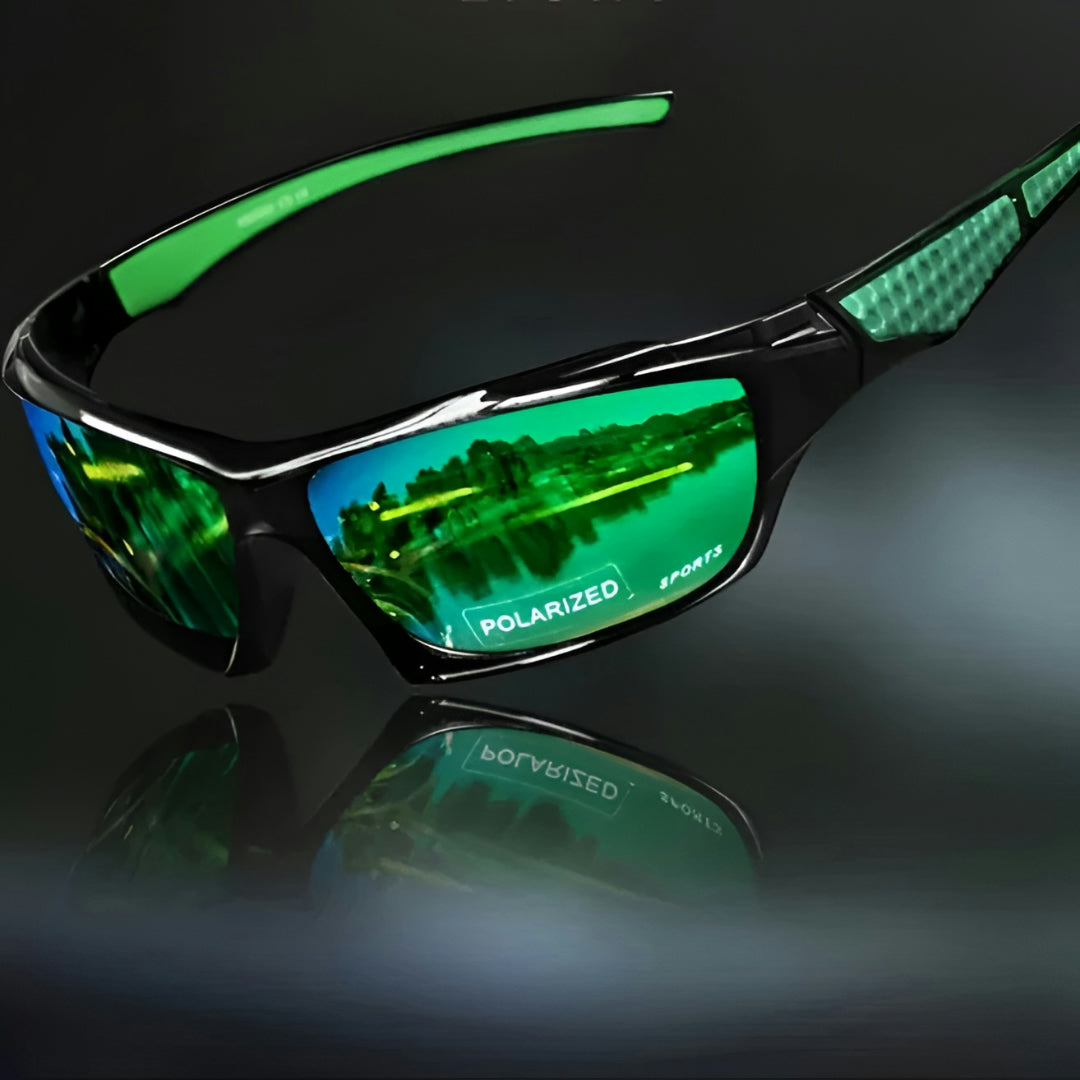 Sunglasses with green mirrored lenses and green patterned arm inserts, angled view on a dark reflective surface 11