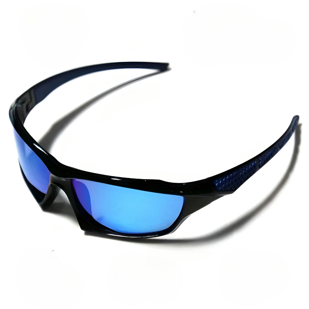 Side-angle view of sunglasses with blue mirrored lenses and dark blue textured arm detail on white 13