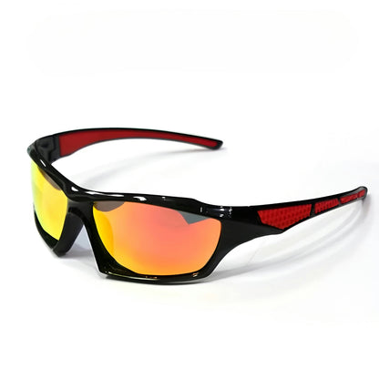 Side-angle view of sunglasses with orange-red mirrored lenses and red textured arm detail on white 14