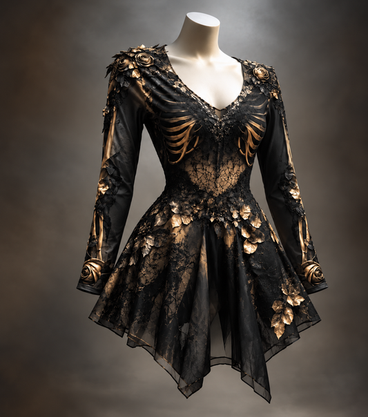 Black version on a mannequin, with sheer lace skirt, gold rib-bone motifs on the bodice and sleeves, and gold roses at shoulders and cuffs. 1