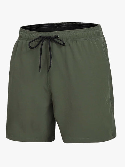 Flat product shot of olive green swim shorts with black drawstring, with the dark inner lining visible at the waist. 6