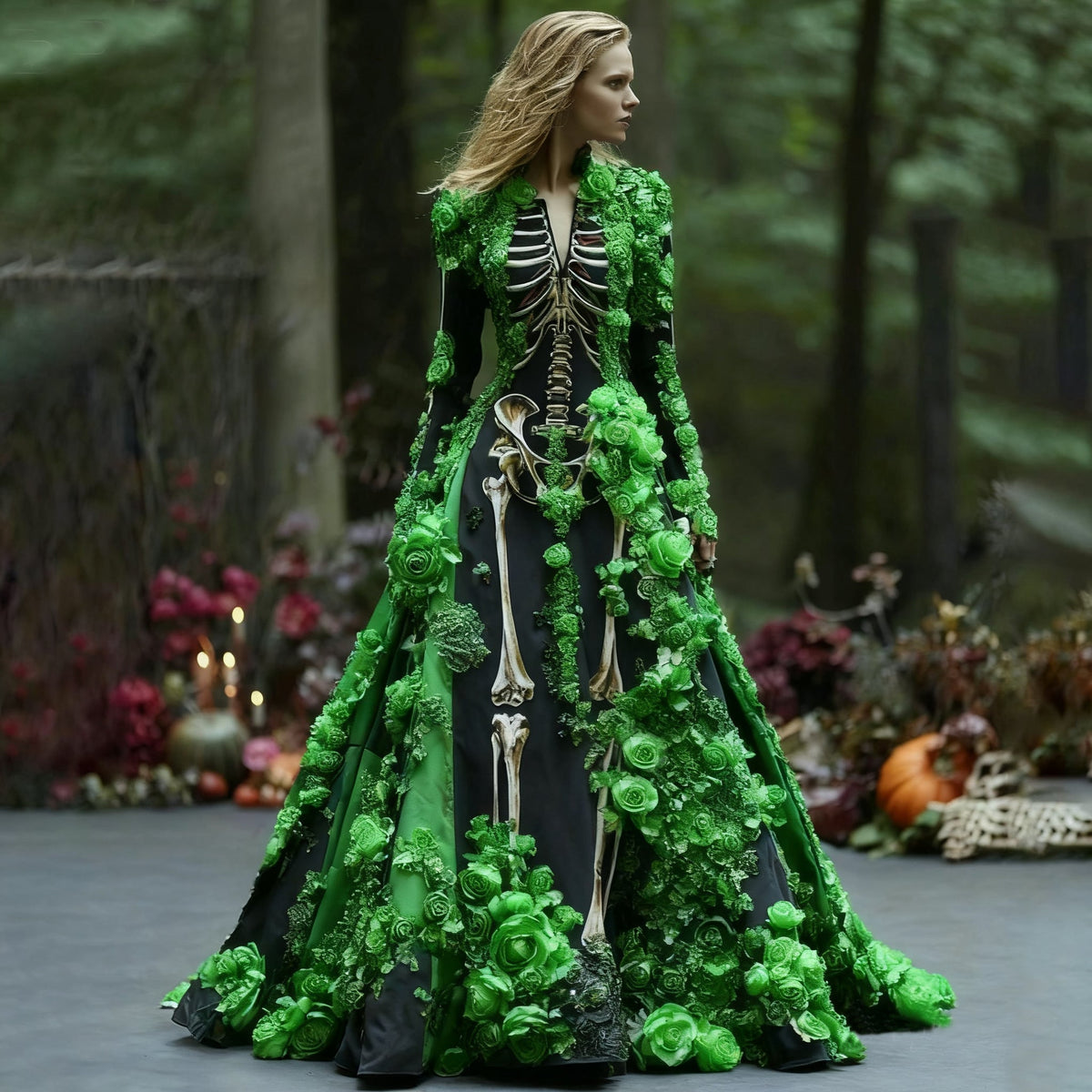 Model wears the skeleton-print maxi dress decorated with green three-dimensional roses along the sleeves, bodice and skirt, against a forest backdrop. 4