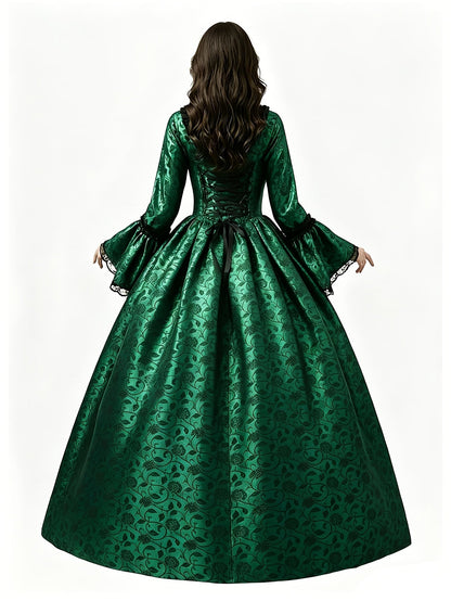 Back view of the green floral brocade gown showing the lace-up corset back, black ribbon bow and full skirt. 8