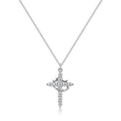 Silver-toned cross pendant with a crown detail and clear stones, on a fine chain, front view 4
