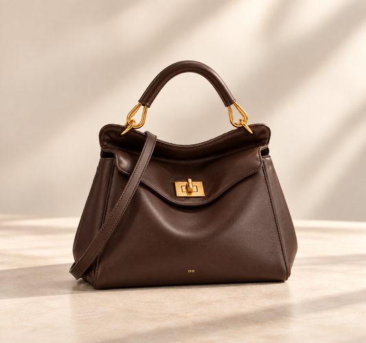 Smooth dark brown version with gold turn-lock and slim strap, shown on a pale studio surface 2