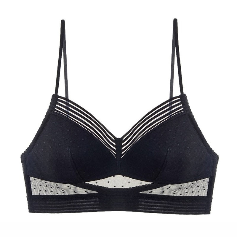 Flat front view of the black bra showing striped neckline, dotted mesh panels and thin straps 8