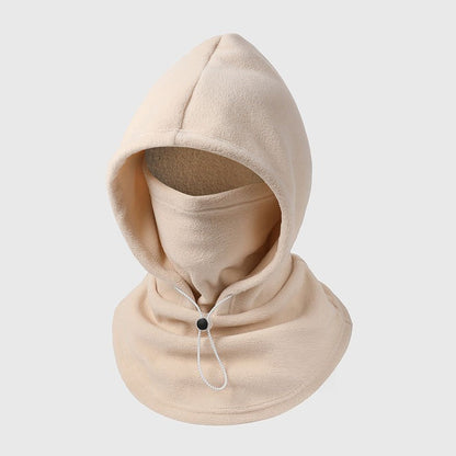 Cream fleece hood with face cover and a white drawstring with black toggle 9