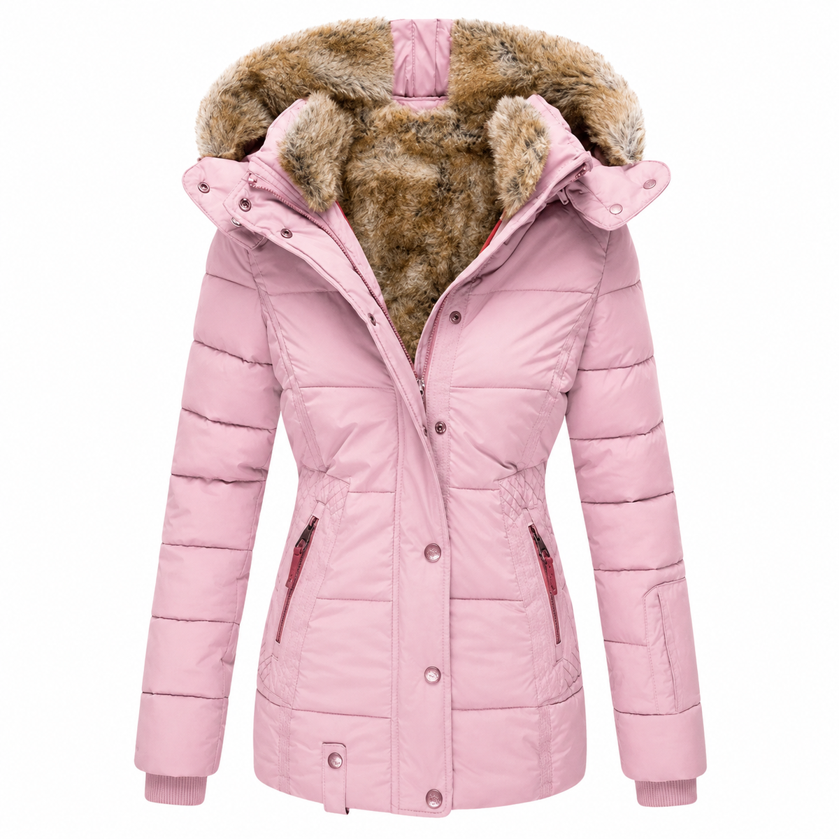 Pink fitted quilted parka with fur-lined hood and contrasting zip pulls, front view on white 7