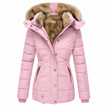 Pink fitted quilted parka with fur-lined hood and contrasting zip pulls, front view on white 7
