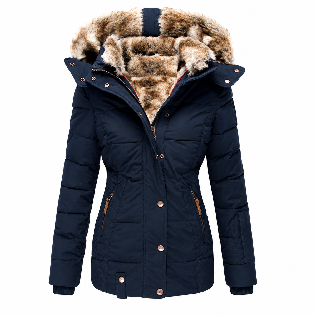 Navy fitted quilted parka with fur-lined hood, front view on a plain white background 6