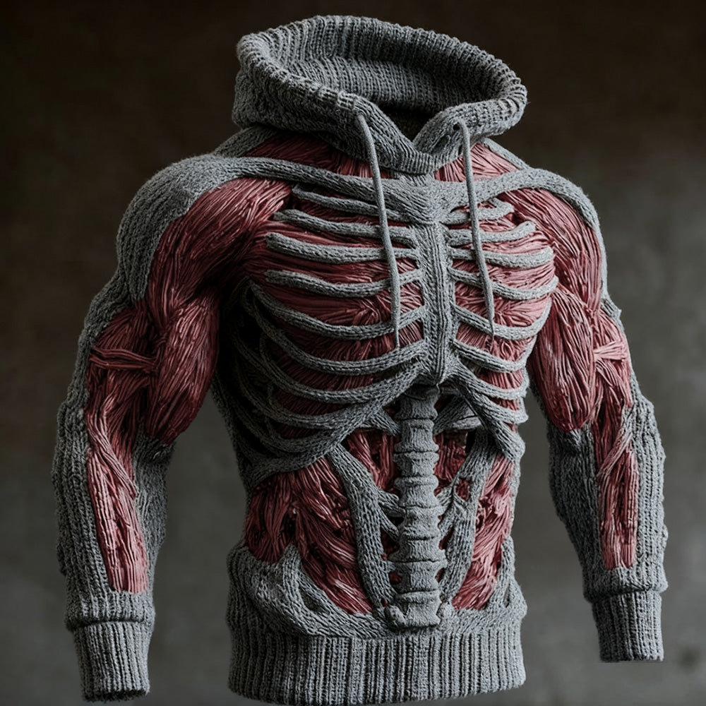 Grey knitted hoodie with 3D rib cage and spine design over red muscle-pattern panels 1