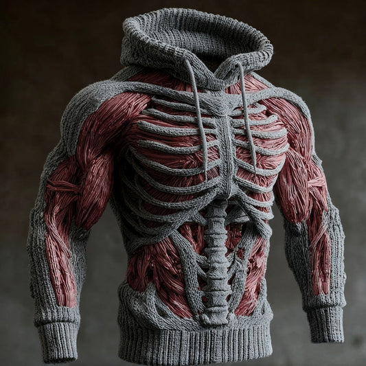 Grey knitted hoodie with 3D rib cage and spine design over red muscle-pattern panels 1