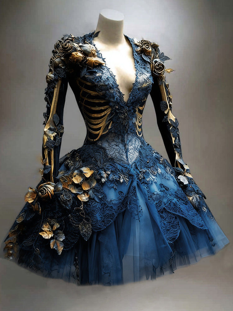 Blue version on a mannequin, showing gold skeleton bones over the bodice and sleeves, lace appliqué, golden roses and tulle skirt. 3