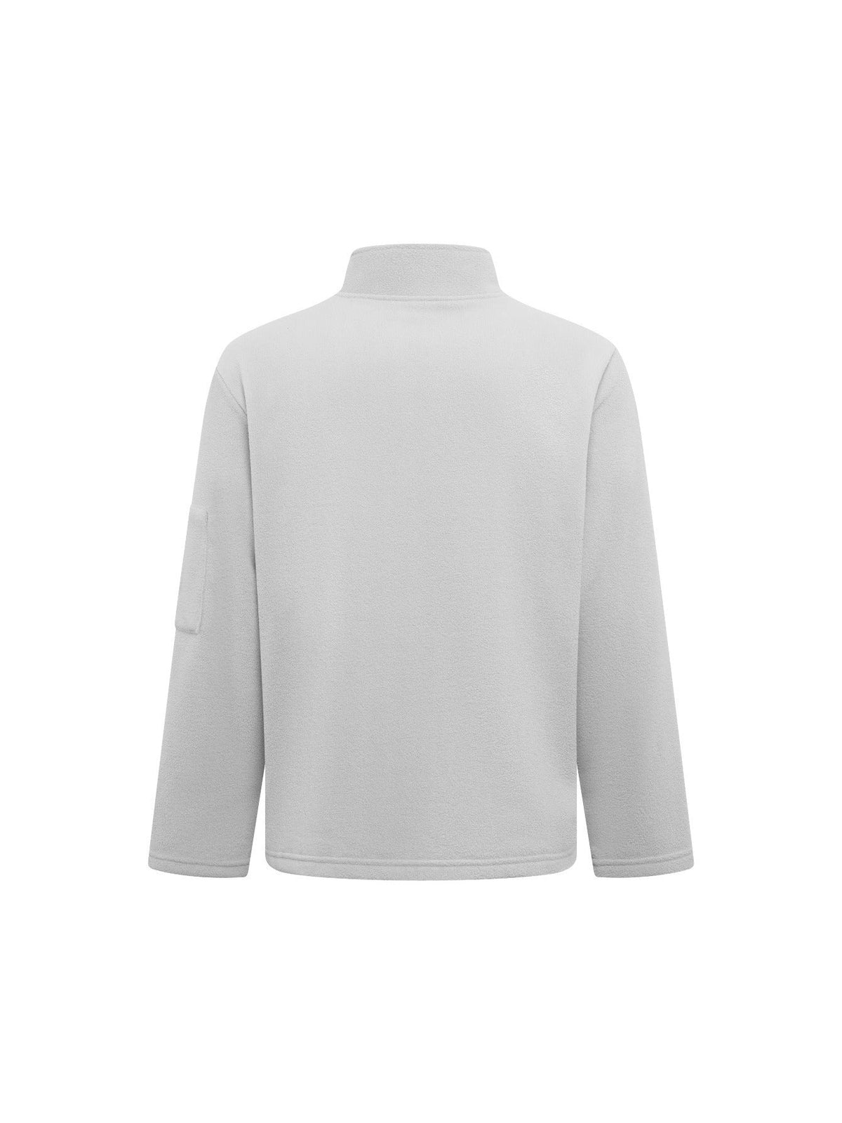 Back view of the light grey fleece jacket, plain with a stand collar and sleeve pocket 8