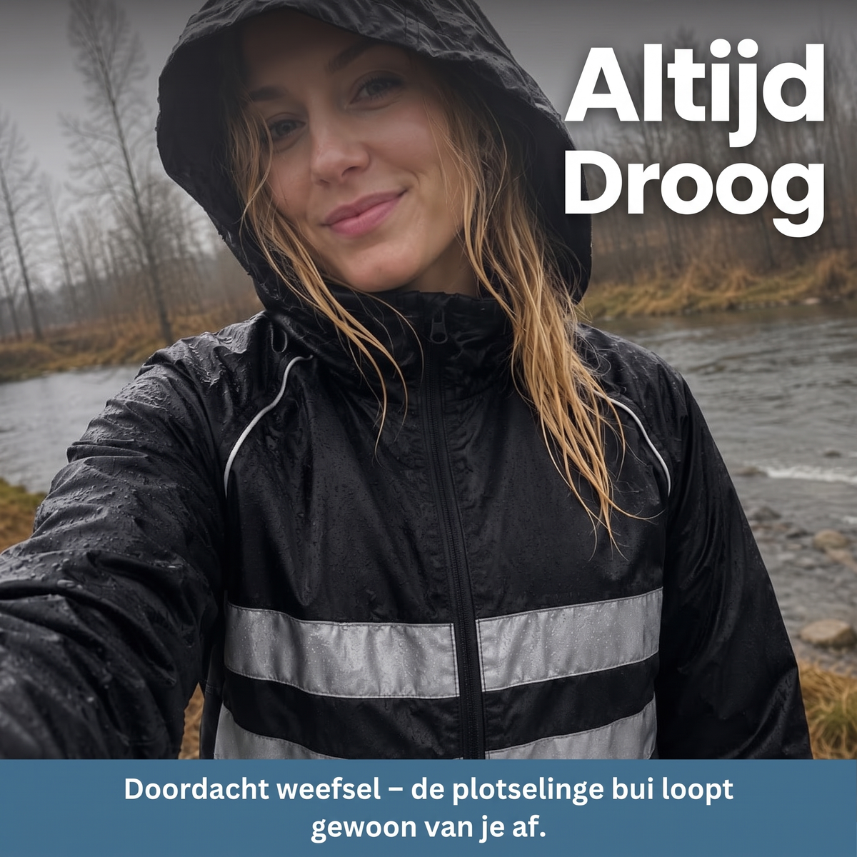 Smiling woman with wet hair wearing the black hooded jacket by a river, rain beading on the fabric and reflective stripes. 8