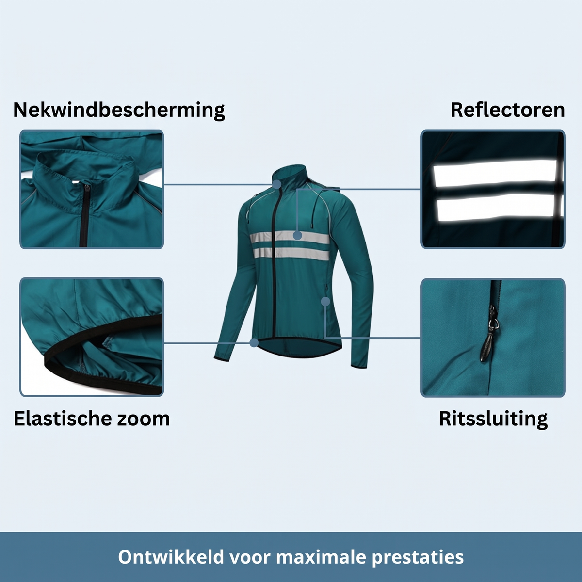 Teal jacket front with close-ups of the collar, reflective stripes, elasticated hem and zipped pocket. 11