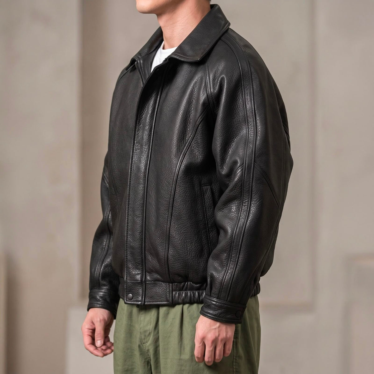 Side view of a model wearing the black leather jacket, showing raglan sleeve seams, snap cuffs and elasticated hem. 2