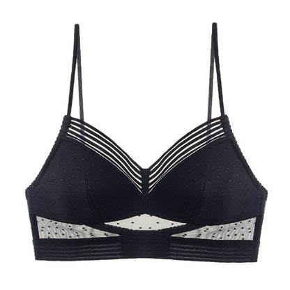 Second flat front view of the black bra, showing its striped trim and dotted mesh insets 10