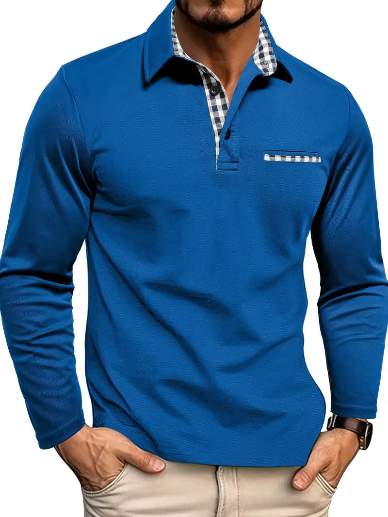 Model wearing the polo in bright royal blue, with checked trim at the collar, placket and pocket 5