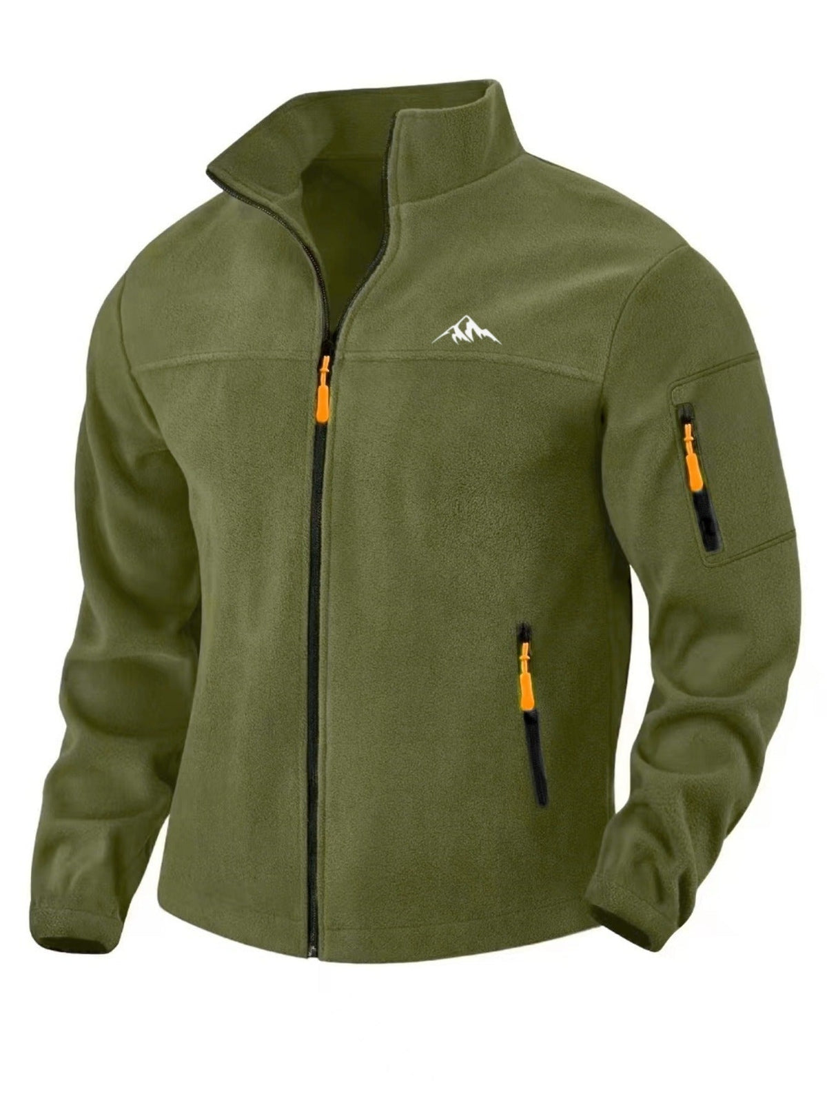 Front view of the olive green fleece jacket with orange zip pulls and mountain emblem 4