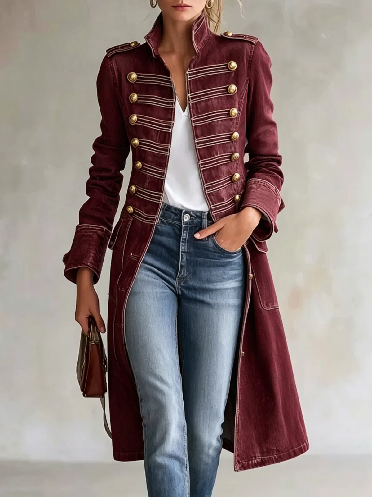 Model wearing the coat in a deep burgundy version with gold buttons and pale braiding, styled with a white top and jeans. 11