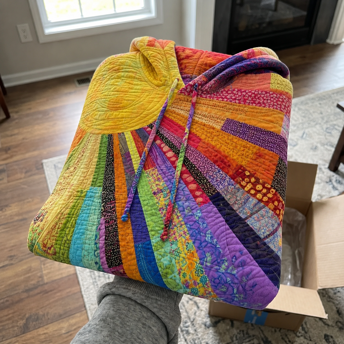 Hand holding the folded hoodie indoors beside an open cardboard box, showing quilted rainbow patchwork, a yellow sun motif and drawstrings. 2