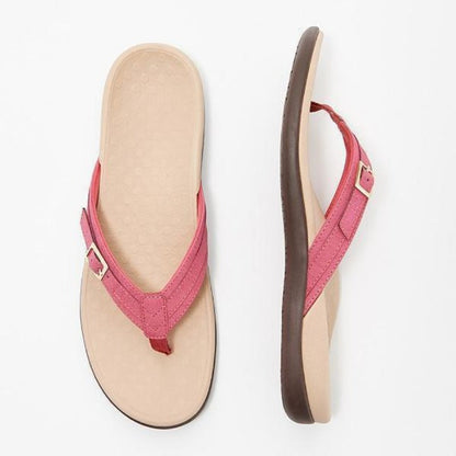 Flat lay of a pink thong sandal from above and from the side, beige footbed 6
