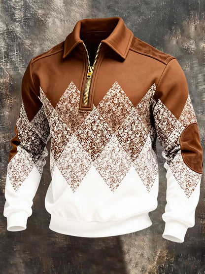 Brown and cream version with gold half zip, argyle pattern and matching elbow patches 2