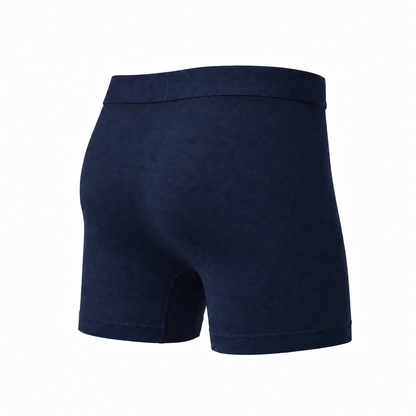 Navy boxer brief seen from the back at an angle, showing the smooth seat, waistband and leg hems. 5