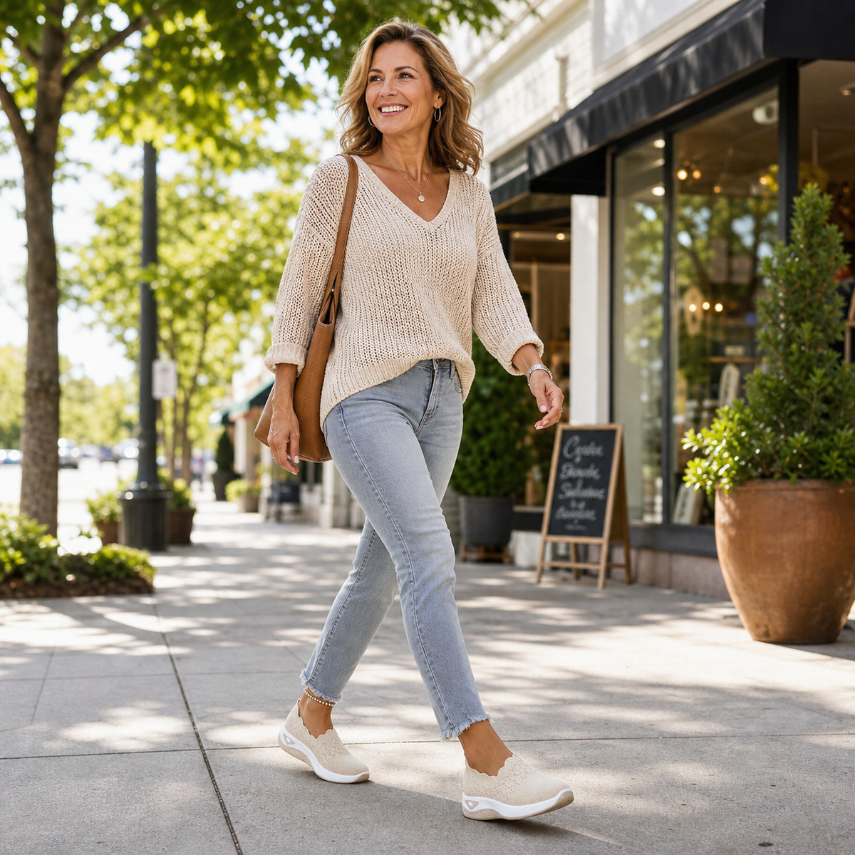 Smiling woman in cream jumper and grey jeans walking down a shopping street in beige slip-on shoes 7