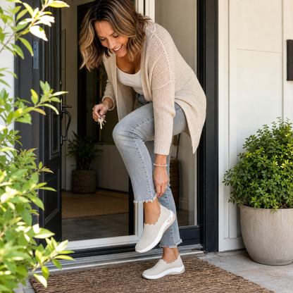 Woman in cream cardigan holding keys while slipping on a beige shoe at her front door 6