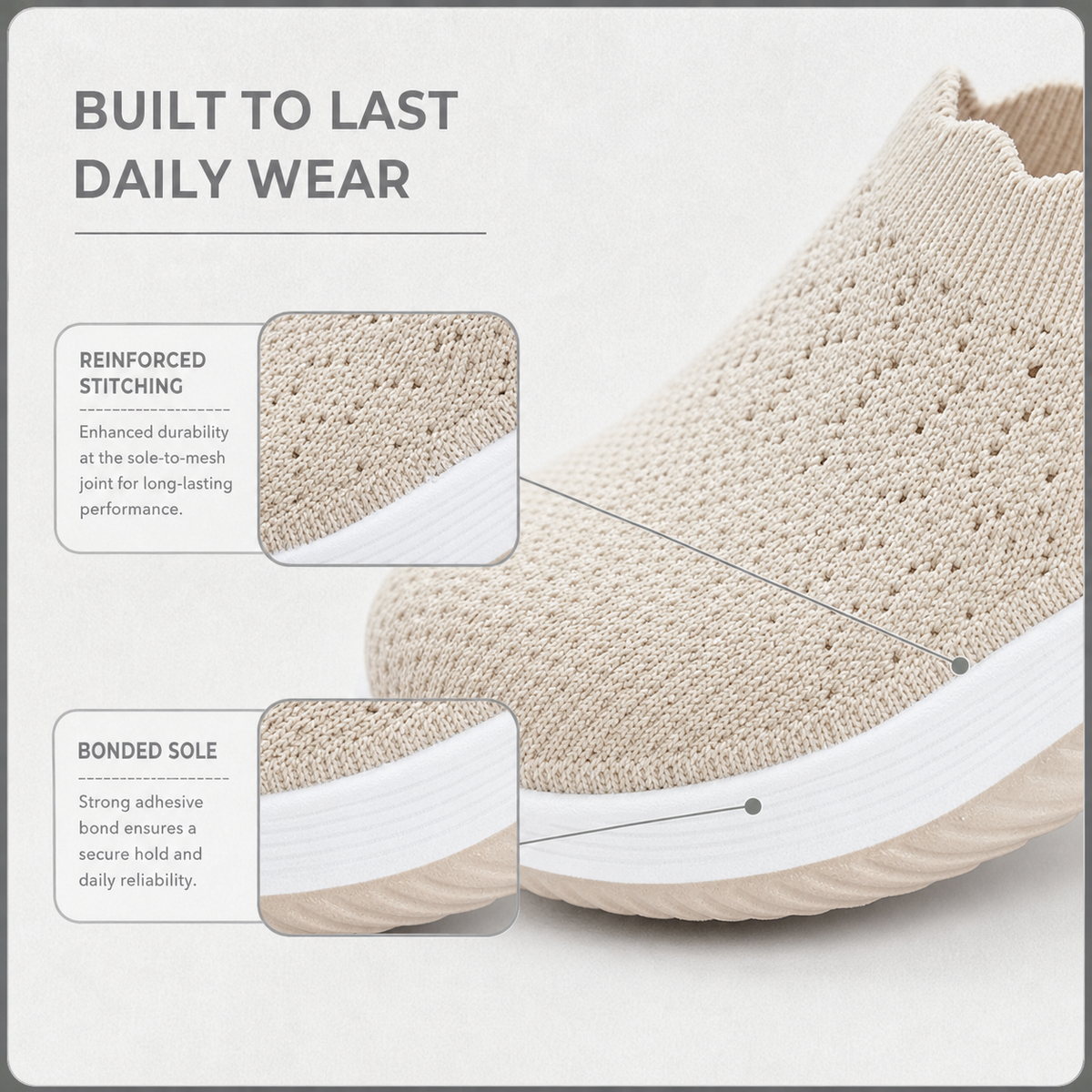 Close-up of beige knit upper and white sole, with detail boxes on stitching and bonded sole 4