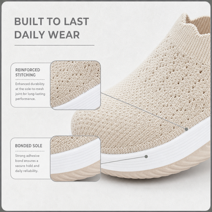 Close-up of beige knit upper and white sole, with detail boxes on stitching and bonded sole 4
