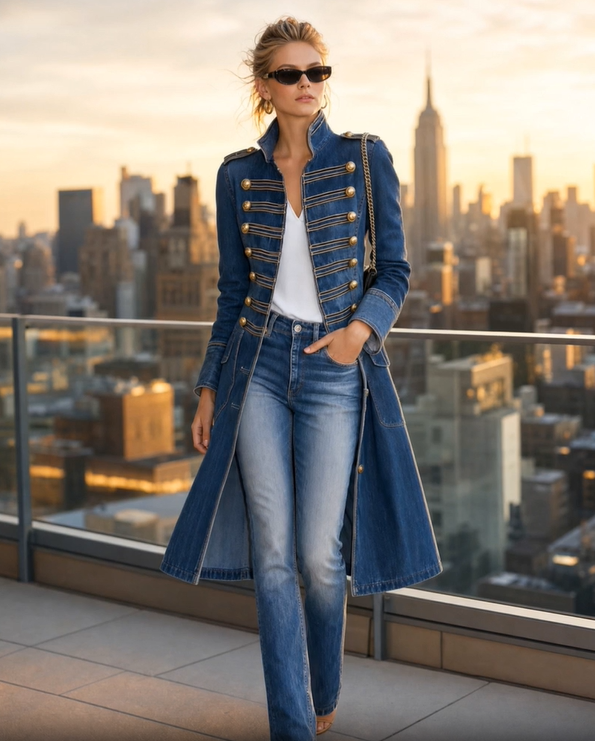 Model in sunglasses wearing the blue denim coat over jeans on a rooftop terrace, with a sunset city skyline behind. 3