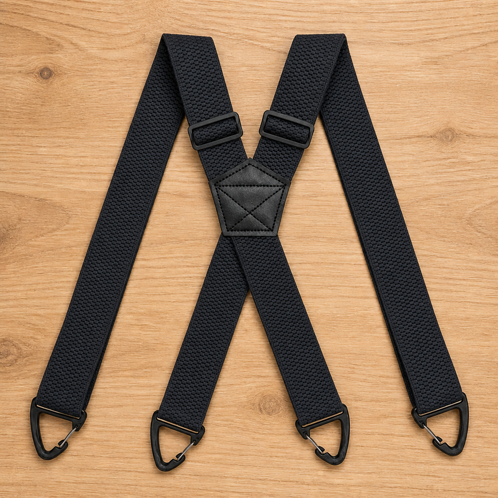 Black X-back suspenders with textured woven straps laid flat on a wooden surface, showing adjusters above the stitched centre patch. 14