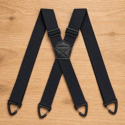 Black X-back suspenders with textured woven straps laid flat on a wooden surface, showing adjusters above the stitched centre patch. 14