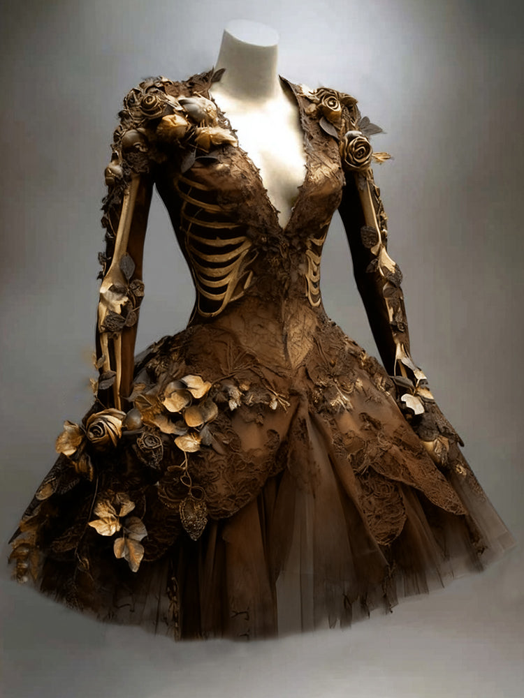 Brown version on a mannequin, with lace bodice, golden ribcage print, gold roses and leaves, and a flared tulle skirt. 5