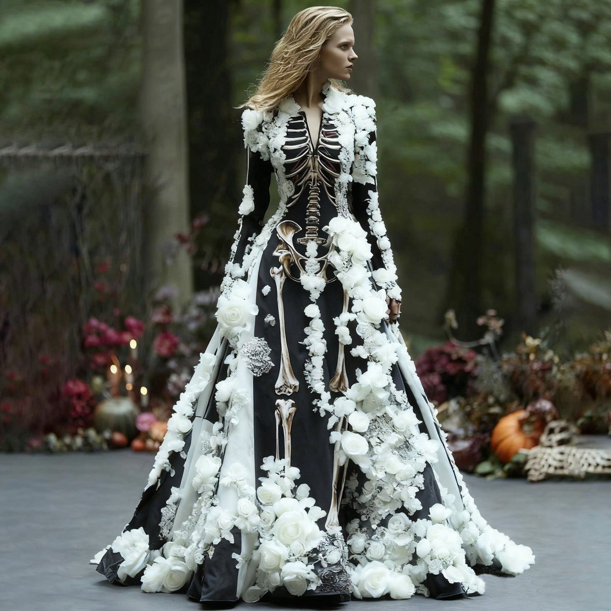 Model wears the black skeleton-print long-sleeved maxi dress trimmed with white three-dimensional roses, standing among autumn flowers and pumpkins. 2