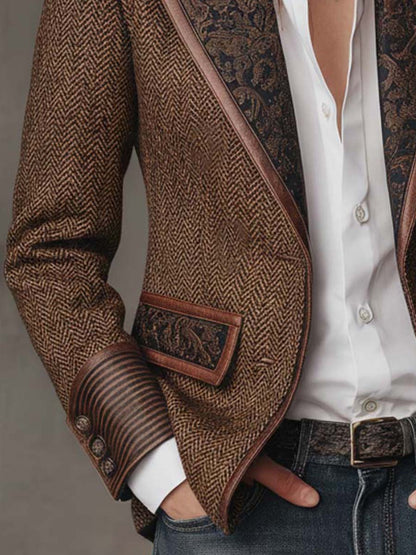 Detail of the striped buttoned cuff and paisley pocket flap, with a hand in the pocket 6