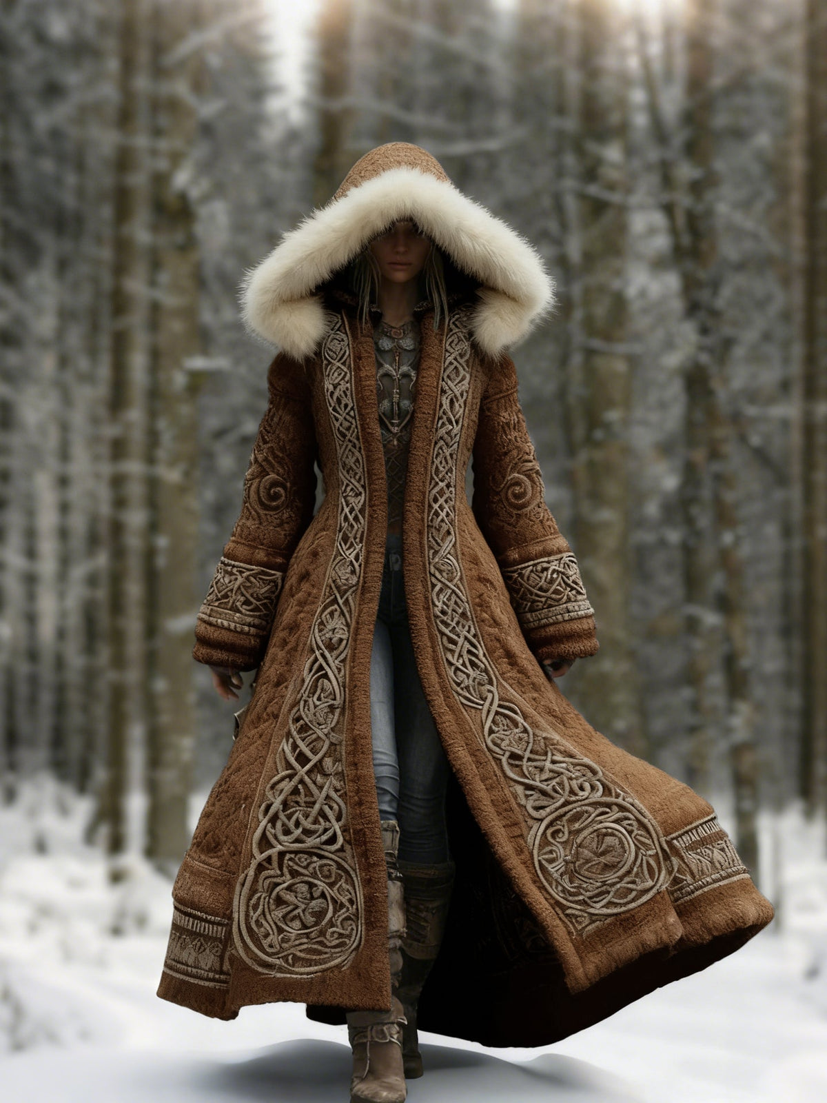 Model in the brown version of the coat, with embroidered knotwork panels, walking between snow-covered trees 4