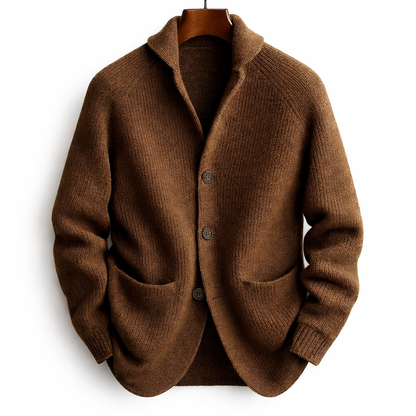 Brown ribbed knit cardigan on a wooden hanger against a plain white background 1