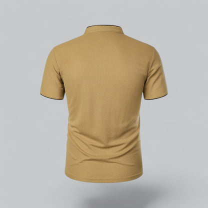 Back view of the mustard-tan shirt, showing the plain back and standing neckband 10