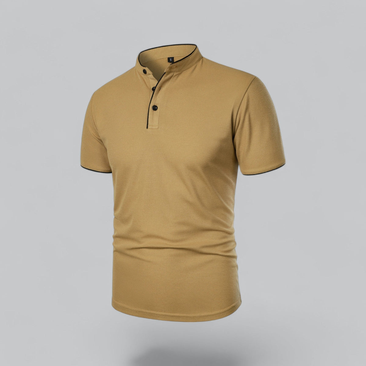 Angled three-quarter view of the mustard-tan shirt showing the three-button placket and black piping 11