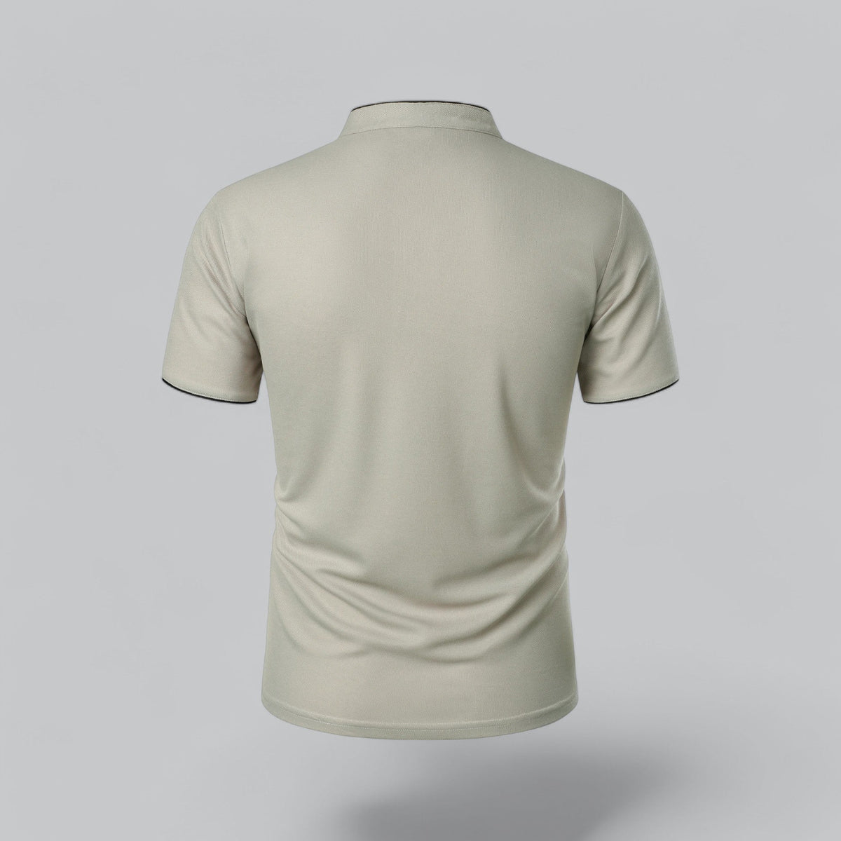 Back view of the pale stone shirt, plain back with black piping at the sleeve hems 12