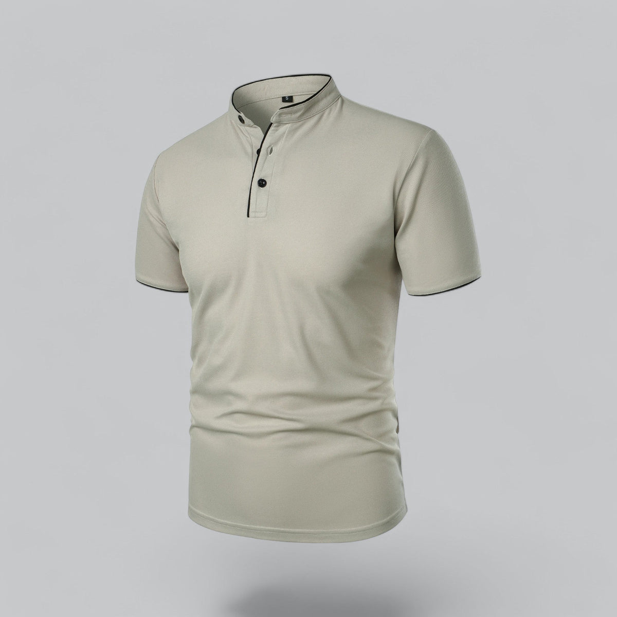 Angled three-quarter view of the pale stone shirt showing placket buttons and neckband piping 13