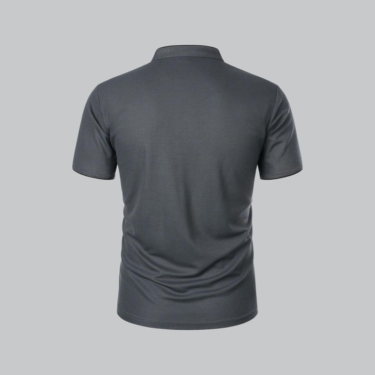 Back view of the dark grey shirt with a plain back and standing neckband 14