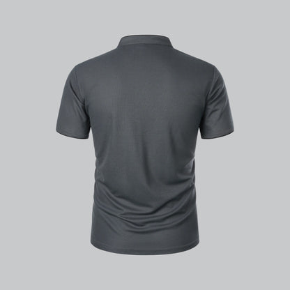 Back view of the dark grey shirt with a plain back and standing neckband 14