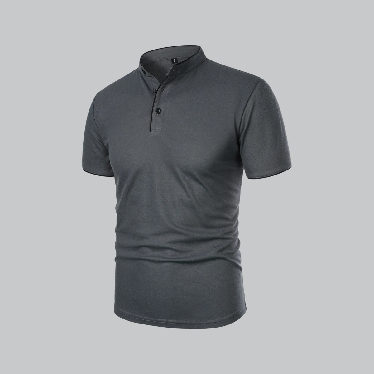 Angled three-quarter view of the dark grey shirt showing the buttoned placket and black piping 15
