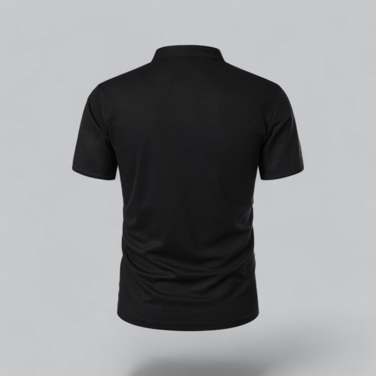 Back view of the black shirt, plain back with stand-up neckband 16